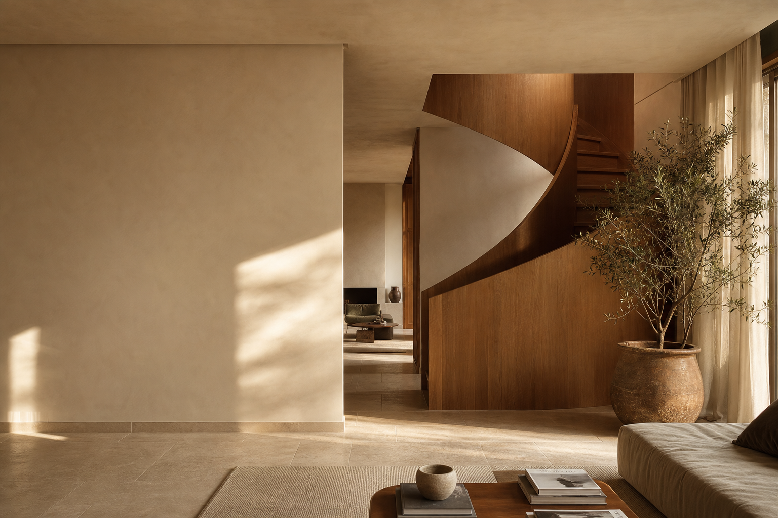 Warm interieur met houten trap en olijfboom